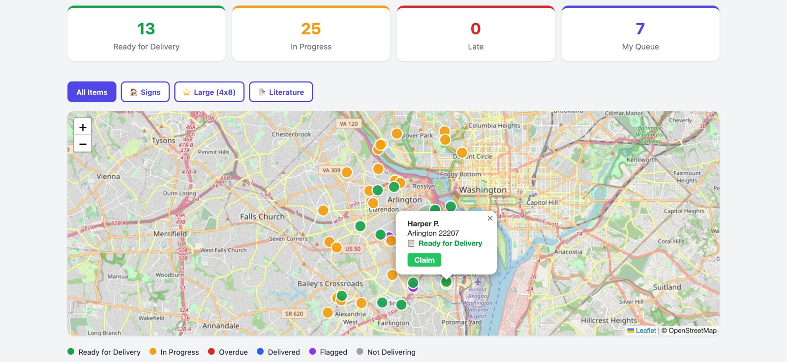 ElectionRelay live map: delivery requests as pins across a real map, with status cards for Total Requests, Available, In Progress, and Delivered.